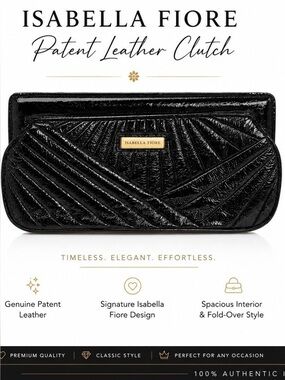 Isabella Fiore Black Quilted Patent Wristlet Clutch with Gold Plaque